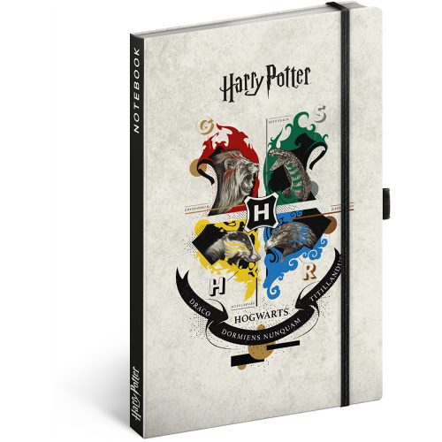 Keménytáblás notesz vonalas krémszínű lapokkal leszorító gumiszalaggal Harry Potter 130x210mm, Realsystem 2025.