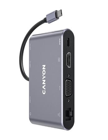 USB elosztó-HUB, USB-C/USB 3.0/HDMI/VGA/Ethernet/audio, CANYON "DS-14"