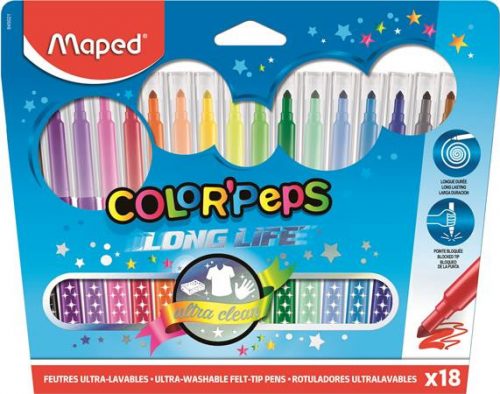 Filctoll készlet, mosható, MAPED "Color'Peps Long Life", 18 különböző szín