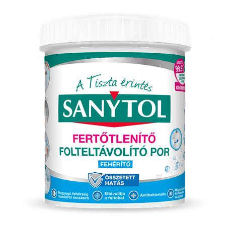 Folteltávolító- és fertőtlenítő por, 450 g, SANYTOL, fehér ruhákhoz